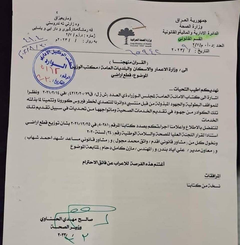 الحسناوي يخاطب وزارة الاعمار بشأن توزيع قطع اراضي على كوادر الصحة